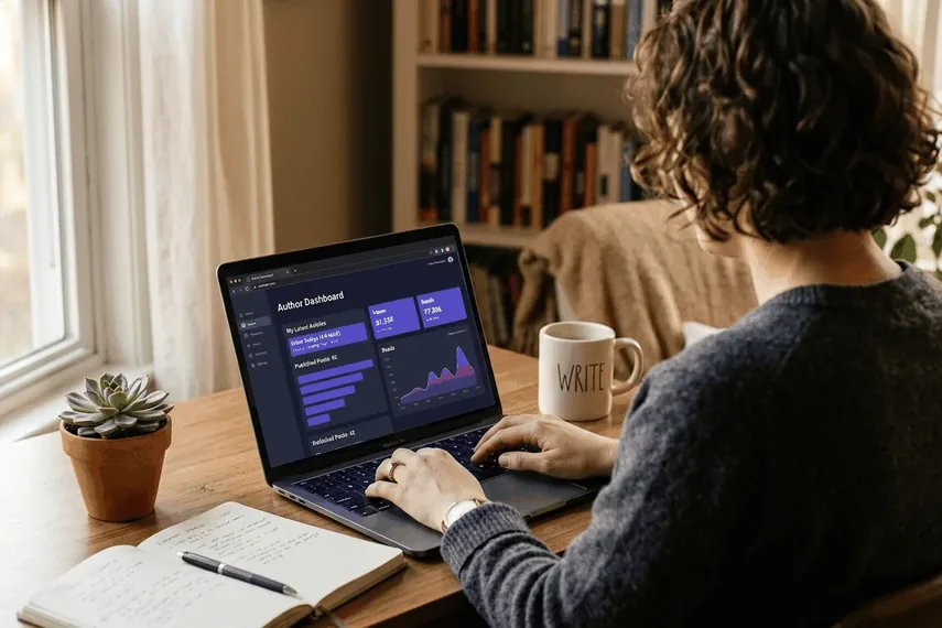 Over-the-shoulder view of someone writing at a laptop displaying a blog dashboard with article stats