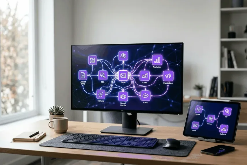 Monitor displaying a node diagram of connected AI marketing tools including content, SEO, email, and analytics