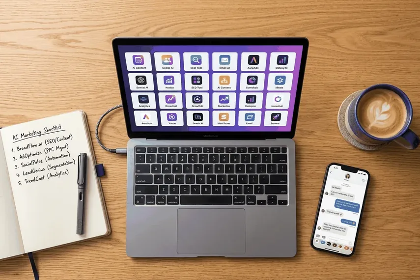 Flat-lay desk scene with a laptop showing a grid of AI marketing tool icons and a handwritten shortlist