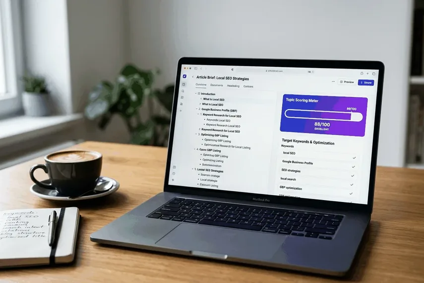 Laptop displaying a Frase content brief with a topic scoring meter and optimized keyword checklist