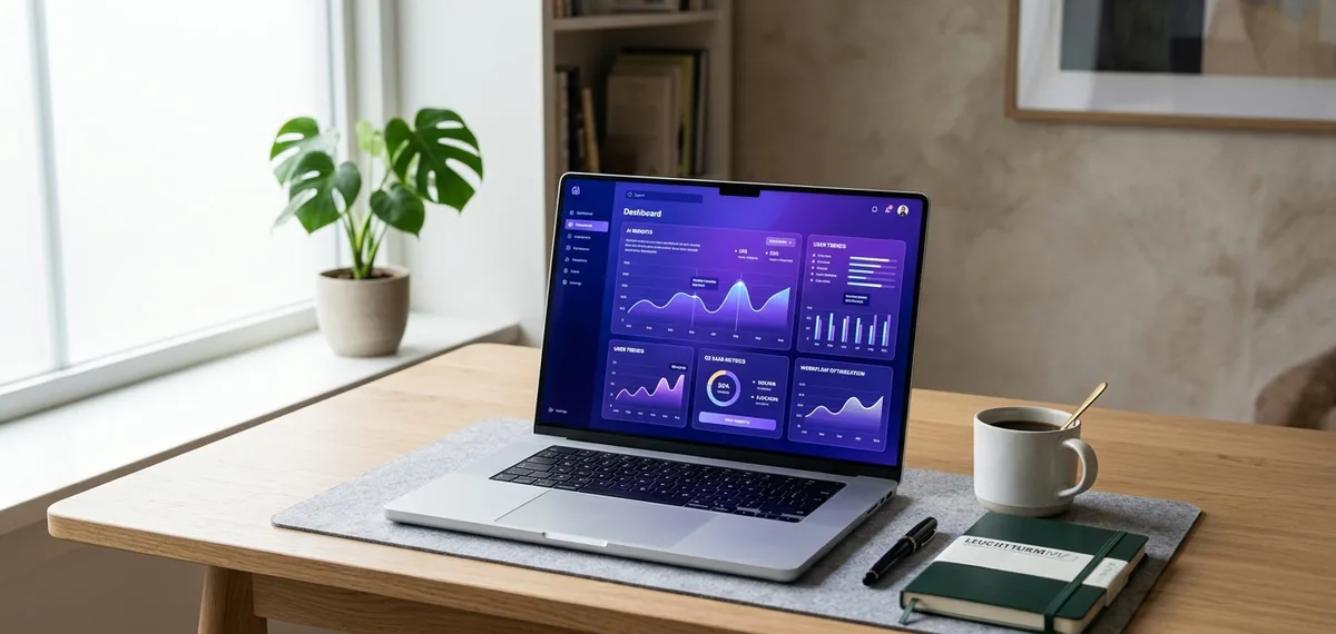 Laptop on a desk showing an AI marketing dashboard with traffic and performance charts