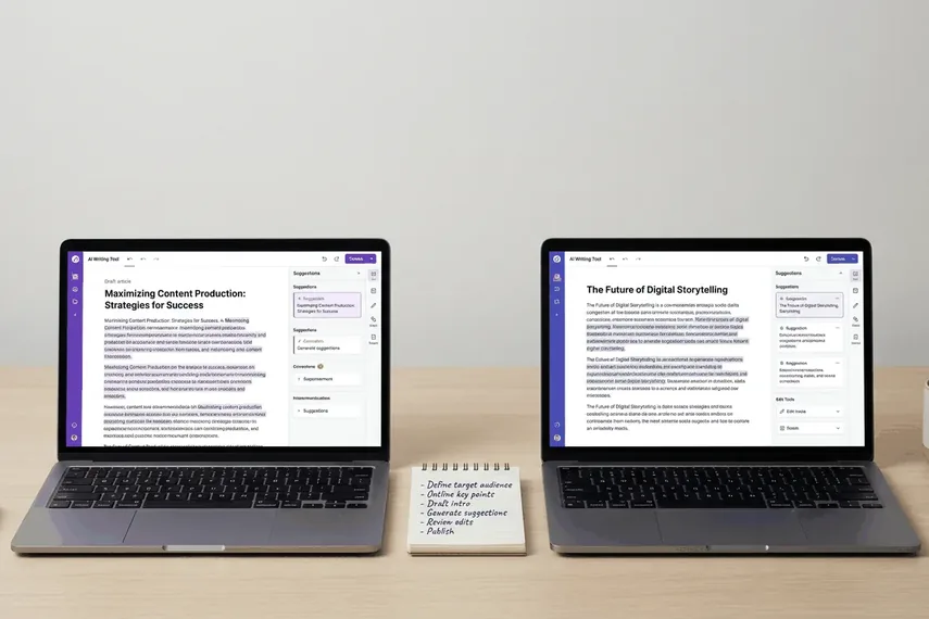 Two laptops side by side running different AI writing tools with highlighted text suggestions