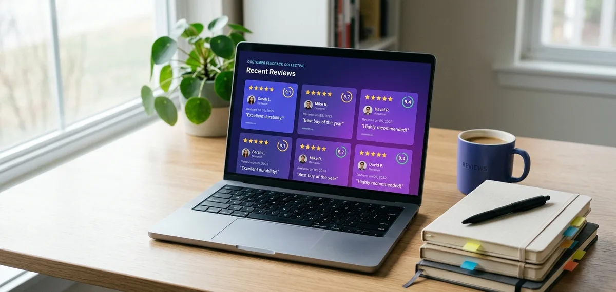 Laptop displaying a grid of product review cards with star ratings and score badges