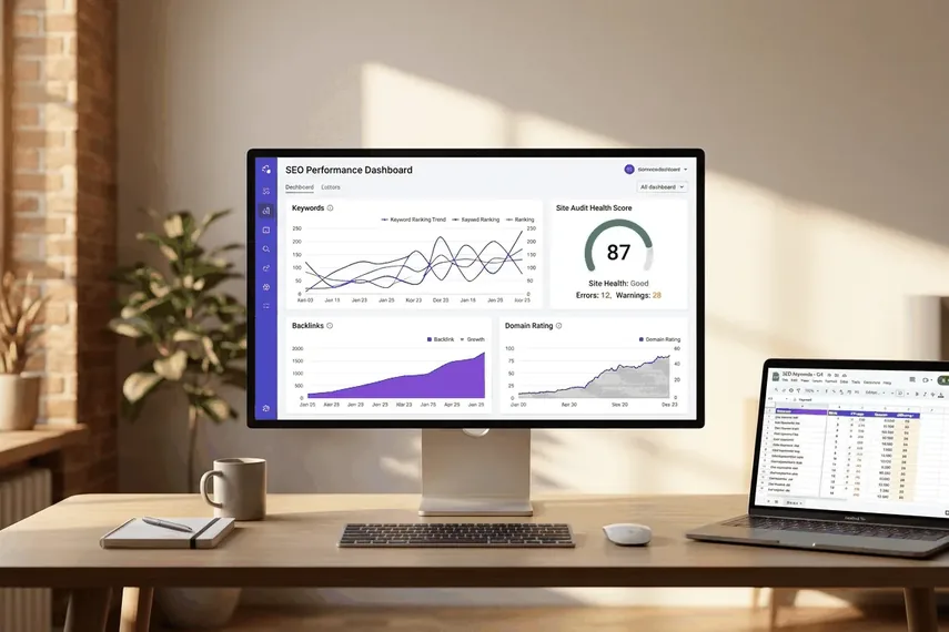 Monitor displaying a Semrush-style SEO dashboard with keyword rankings, site audit score, and backlink graphs