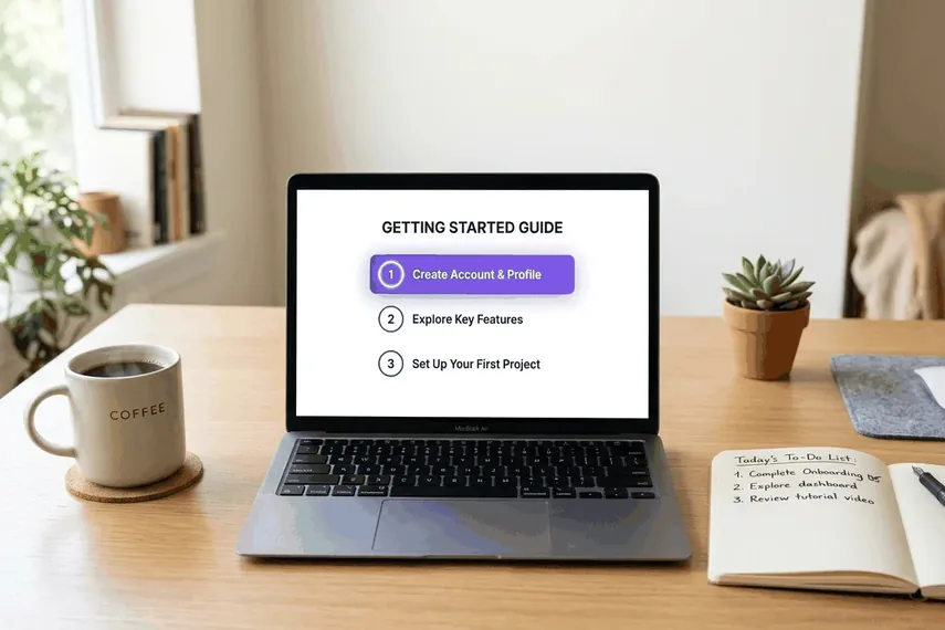 Laptop showing a simple three-step onboarding checklist beside a notebook with a handwritten to-do list