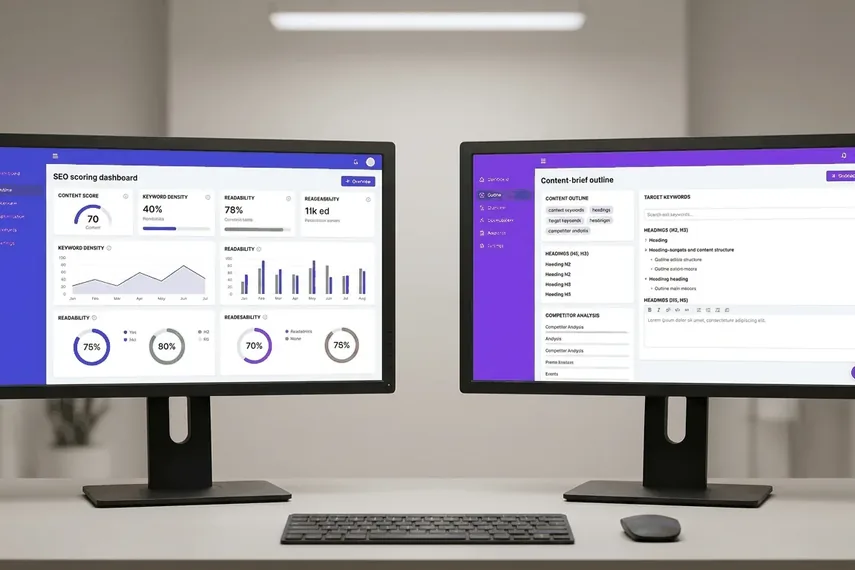 Two monitors side by side comparing Surfer SEO and Frase content optimization dashboards